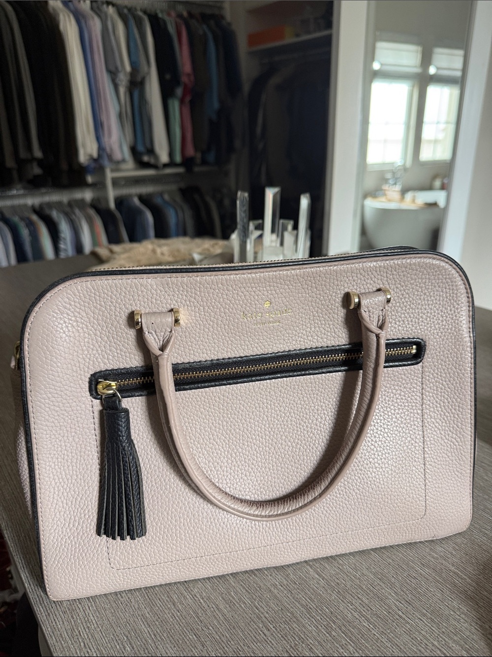 kate spade Pebbled Leather Satchel in Light Pink with Black Trim